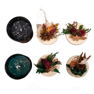 Caja de regalo de vela perfumada de Navidad con tapa de madera de cera de flores preservadas negro verde