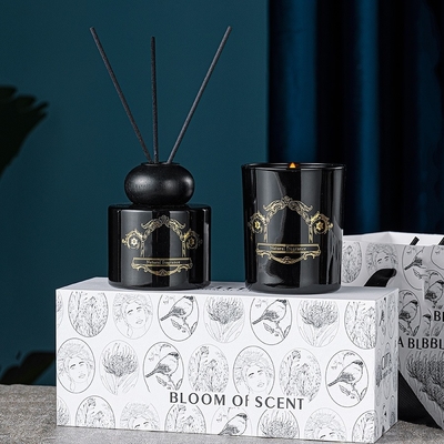Juego de regalo de difusor de lámina con velas aromáticas naturales en tarro de botella blanco y negro