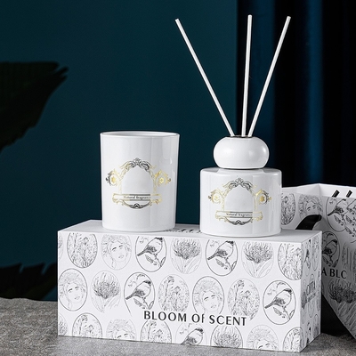 Juego de regalo de difusor de lámina con velas aromáticas naturales en tarro de botella blanco y negro