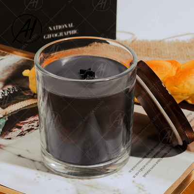 Negro perfumado de la vela del tarro de Brown de la tapa de la mecha de la cera de madera cruzada de cristal transparente de la soja