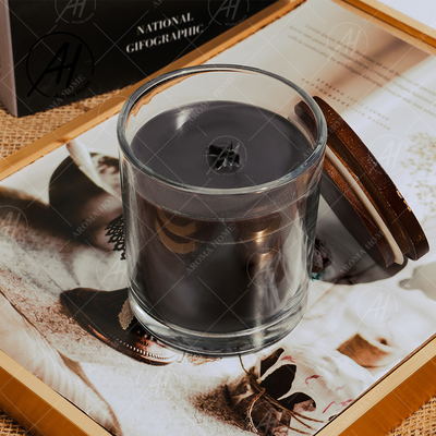 Negro perfumado de la vela del tarro de Brown de la tapa de la mecha de la cera de madera cruzada de cristal transparente de la soja